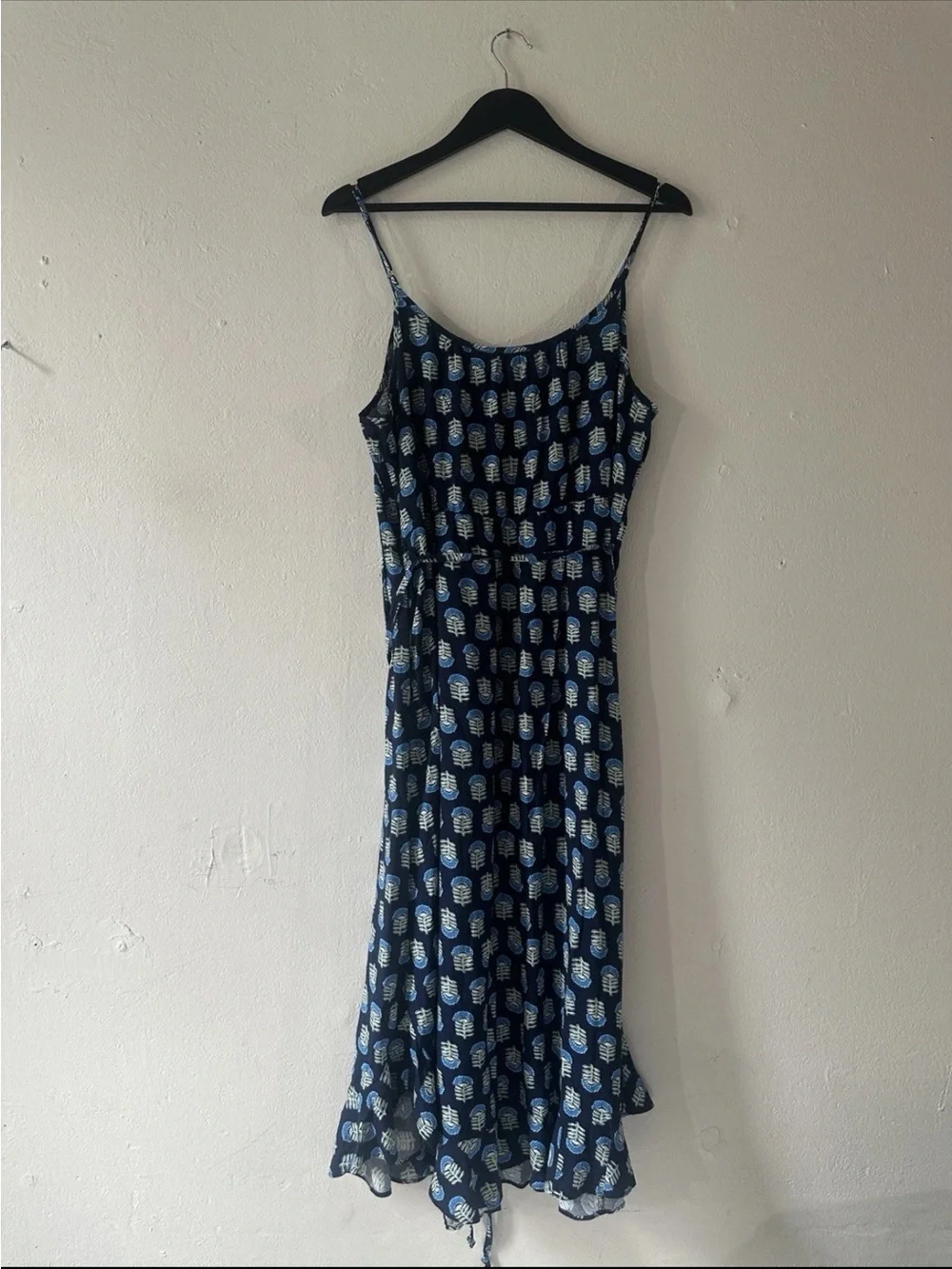 J.Crew Dress Women’s 12 Blue Leaf Print Sleeveless Tie Waist Midi Viscose